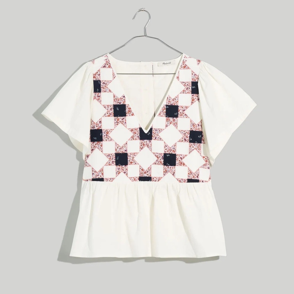 Flutter-Sleeve Peplum Top in Patchwork Quilt
